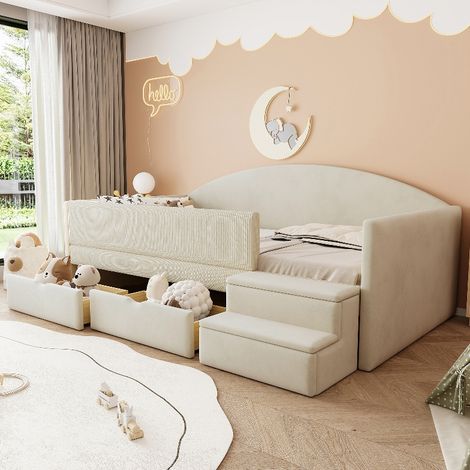 Polsterbett 90x190 cm Kinderbett mit Rausfallschutz und 2 Schubladen, Multifunktionsbett Sofabett aus Samtstoff mit Stufen, Beige (1/5)
