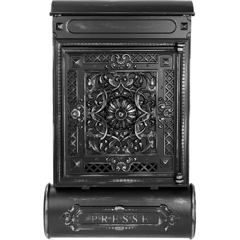 HMF 512-09 Briefkasten Antik mit Zeitungsfach, Vintage Postkasten aus Aluguss, 57 x 35 x 10 cm, Schwarz-Silber (1/5)