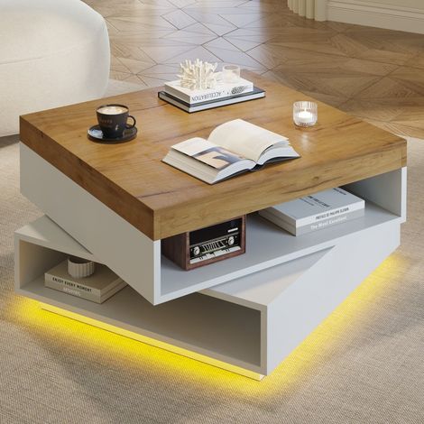 Table Basse Carrée - 65x65x40cm - Plateau Rotatif 360° avec LED App et Niches Ouvertes - Blanc et Chêne (1/5)