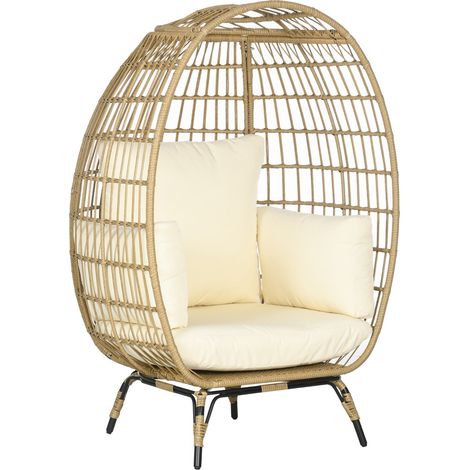 Rattansessel In Korbform, Rattanstuhl Mit Sitzkissen, Erhöhter Gartensessel Für Balkon, Terrasse, Metall, Khaki, 105 X 97 X 150 Cm