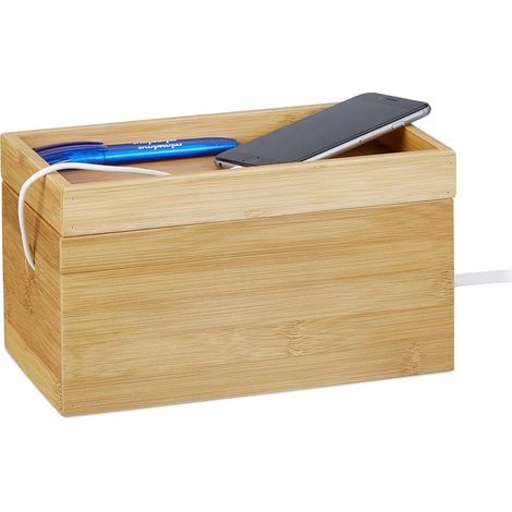 Relaxdays – Boîte à câbles en bambou 14 x 25,5 x 14 cm – Station de charge multiple – Anti-poussière – Organisateur de câbles (1/5)