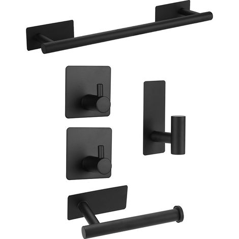 Set da bagno da 5 pezzi, composto da portasciugamani, appendiabiti, portarotolo di carta igienica, non richiede foratura, colore nero.