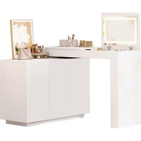 Coiffeuse avec miroir LED, meuble maquillage pivotant en L blanc brillant, 3 portes, rangement ouvert, bureau escamotable, éclairage réglable, 100 x 40 x 80 cm – CHICFURN (1/5)