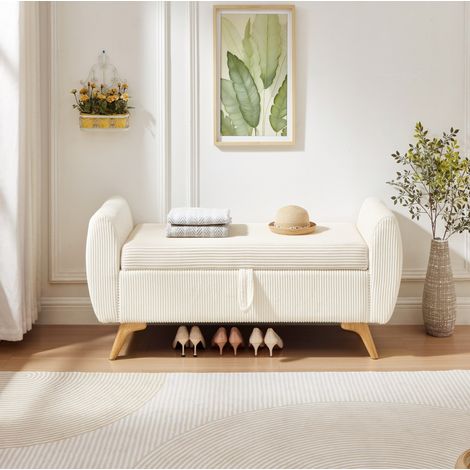 Banco de almacenaje plegable de pana beige 145 × 51 × 57 cm con patas de madera OKMYHOME (1/5)