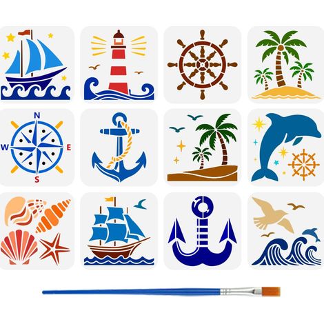 12 Pochoir de Peinture à Motif Océan Avec Pinceau 15X15cm Bateau Phare Boussole Ancre Modèle de Dessin Dauphin Coquille Conque Étoile de Mer Pochoir pour Peinture sur Bois Mur Meubles (1/5)