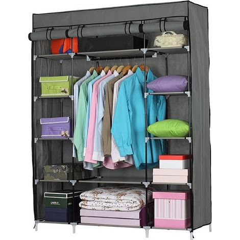 GROOFOO Portable Heavy Duty Clothes Closet Wardrobe Storage Organizer With 12 Shelves & 1 Clothes Hanging Rail,(133x46x170cm)-Gray (1/5)