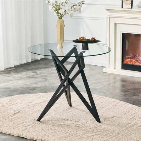 Runder Couchtisch aus gehärtetem Glas Ø 85 cm mit schwarzem geometrischem Gestell HAVRYA (1/5)