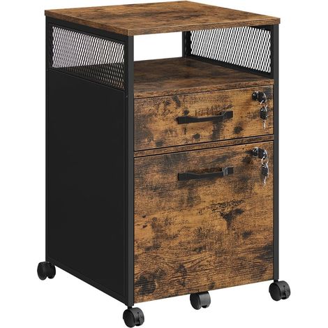 Armario de oficina con 2 cajones con cerradura 42 x 44 x 69 cm mueble de oficina con ruedas compartimento abierto estructura de acero estilo industrial marrón 120004812 (1/3)