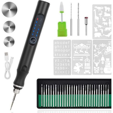 Stylo graveur électrique 37 bits, machine de gravure sans fil rechargeable par USB, adaptée à la gravure de bijoux, de verre et de pierre, noir. (1/5)