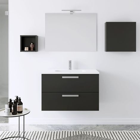 Meuble de salle de bain suspendu 80cm Anthracite poli avec lavabo inclus et miroir Mod. Jasper