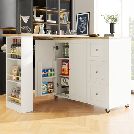 MEUBLIV Îlot de cuisine 203x39x106 cm blanc – 360° pivotant, rangements multiples (1/5)