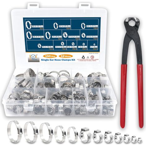 Kit de 150 Simple Colliers de Serrage Oreille en Acier Inoxydable 304 (6-33.1 mm) Réglable，avec Pince - Pour Tuyauterie, Sanitaire et Automobile (12 Tailles + Pince) (1/5)