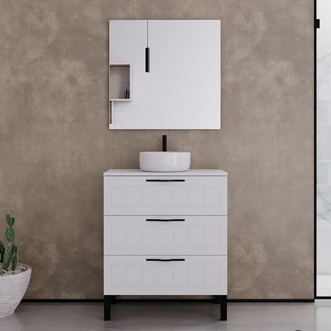 Meuble de salle de bain 60cm avec plateau et vasque à poser ronde - 3 tiroirs - blanc - CALA (1/5)