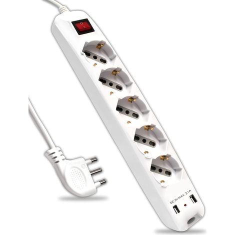 V-TAC Ciabatta Multipresa Elettrica con Interruttore e Cavo da 1,5 Metri - 5 Prese 10/16A Bipasso + Schuko + 2 Prese USB - Con Spina 16A - Presa Elettrica per Casa, Ufficio, Negozio - Colore Bianco (1/5)