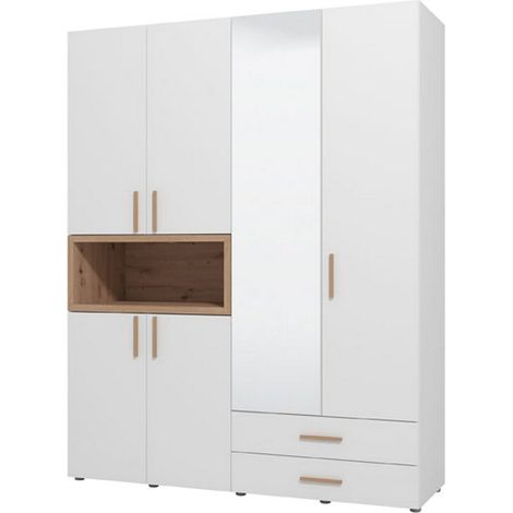 Armario grande Merlino, armario de dormitorio con 4 estantes, 2 cajones, barra para colgar, 179x227h cm blanco