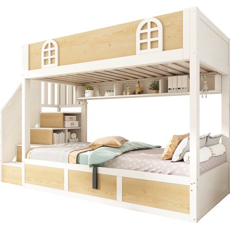 DOKEA Lit superposé enfant 90 x 200 cm avec escalier-coffre et rangement, barrière de sécurité, blanc et naturel - sans matelas (1/5)