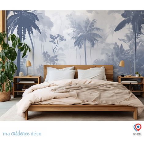Papier peint : Fresque tropicale, palmiers et paysage, Aquarelle - Intissé - L.200 x H.280 cm - Vert émeraude (1/3)