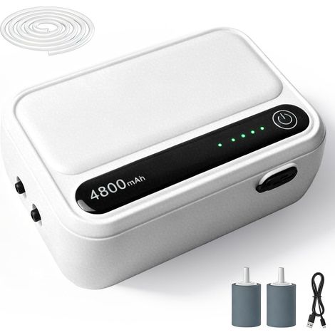 Aquarium Air Pump, Rechargeable Fish Tank Air Pump with 3500mAh Battery, Ultra Quiet, Dual Output, Carbonating Stone, 3L/min, 2 Complete Accessories for Outdoor Fishing (1/5)