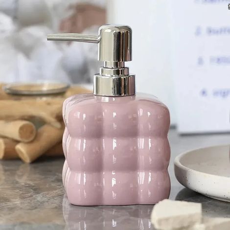 Distributeur de savon liquide en céramique (violet - 300 ml) - Flacon à pression de 300 ml - Accessoires de salle de bain - Distributeur de gel douche et shampoing (1/5)