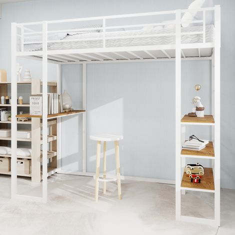 MODFU-Cama alta infantil 90×190cm en metal, cama individual, escritorio y 3 estantes, anticaída, sin colchón, color blanco (1/5)