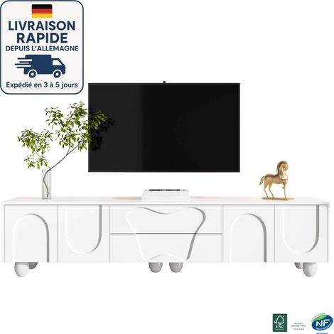 MODFU-Mueble TV 180cm con almacenaje, 4 puertas y 2 cajones, mueble TV salón dormitorio, 180x40x42cm, blanco (1/5)