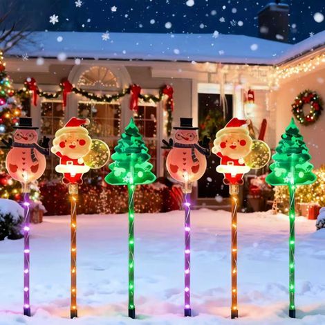 Lampes solaires de pelouse bonhomme de neige acrylique à enfoncer, lot de 6 motifs variés Père Noël bonhomme sapin, décoration Noël extérieur étanche (1/3)