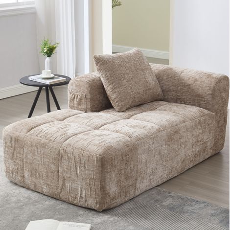 Chaiselongue-Sofa 158/90/60 cm in Khaki aus Chenille, mit Seitentaschen und Kissen (1/5)
