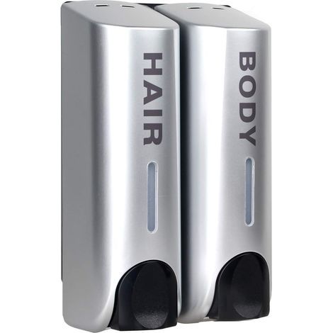 Set of soap dispensers for shower gel, shampoo, and conditioner, wall-mounted, silver.