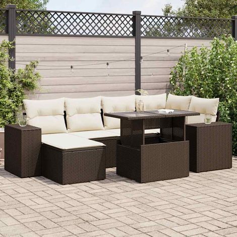Ensemble salon jardin 7 pièces résine tressée marron avec coussins lavables, table réglable et rangement intégré (1/5)