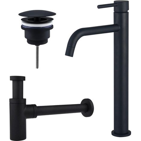Fortifura Calvi Slim Kit mitigeur lavabo - robinet rehaussé - bonde nonobturable - siphon design - Noir mat