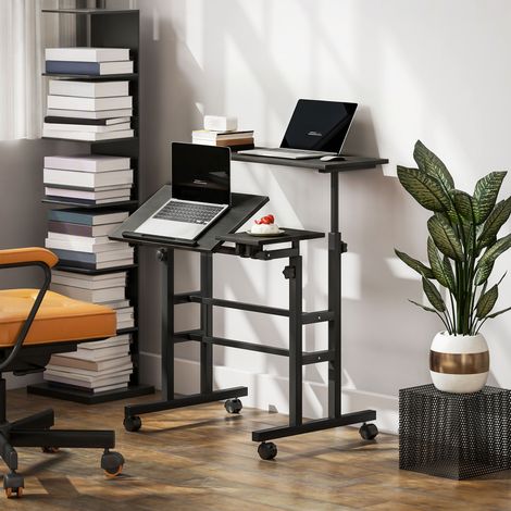 Bureau Assis-Debout Réglable 70x60 cm Roulettes, Plateau Inclinable, Cadre Métal, Noir (1/5)