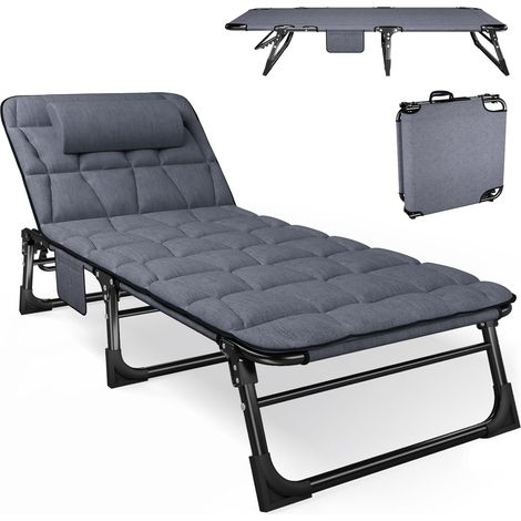 Bain de Soleil avec Dossier 4 pos réglable, lit de Camping Multi-usages Portable et Chaise Longue inclinable pour Jardin/Piscine/Terrasse, Matelas rembourré et Oreiller - Bleu (1/5)