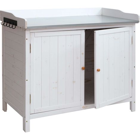 [NON UTILIZZATO] Armadio con piano di lavoro da esterno giardinaggio attrezzi HHG-095 legno 86x99x56cm bianco