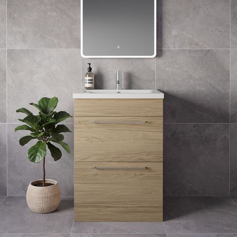 Napoli 460 Light Oak 600mm 2 Drawer Vanity Unit with Glide Basin - 600mm - Chrome 320mm Handle
