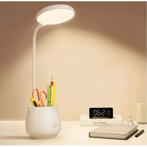 Lámpara de escritorio para oficina en casa/dormitorio, pequeña lámpara de escritorio LED recargable con soporte para bolígrafo/teléfono, pequeña lámpara de escritorio para el cuidado de la vista, 3 mo (1/5)