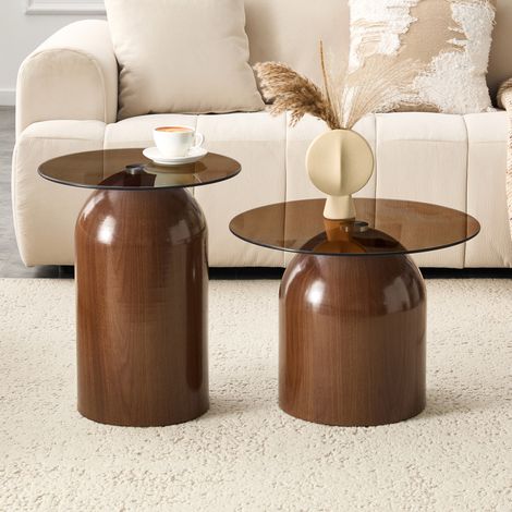Set de tables basses 50x40x38 cm et 40x40x50 cm couleur noyer en verre trempé et acier carbone empilables (1/5)