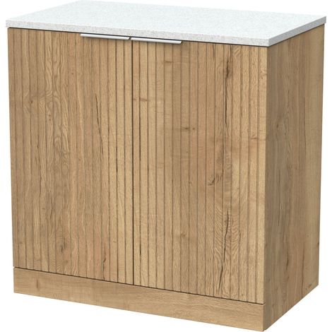 Callingwood Contemporary Floor Standing 2 Door Vanity Unit with White Nebula Laminate Worktop , 800mm, Autumn Oak (1/4)
