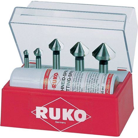 RUKO Juego avellanadores cónicos y desbarbadores 6 piezas DIN 335 Forma C 90° HSSE-Co 5 Ø 6,3 - 25 mm + pasta de corte 50 ml en casete de plástico - 102142E (1/2)