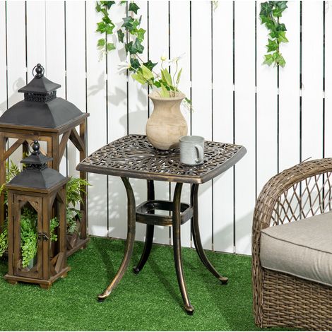 Tavolino da esterno 54x54x52.5 cm, design vintage floreale, foro per ombrellone, alluminio, bronzo (1/5)