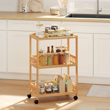 Carrito de cocina con 3 estantes, carrito de servicio con espacio de almacenamiento, estante de cocina con ruedas, para cocina, baño, oficina, madera natural