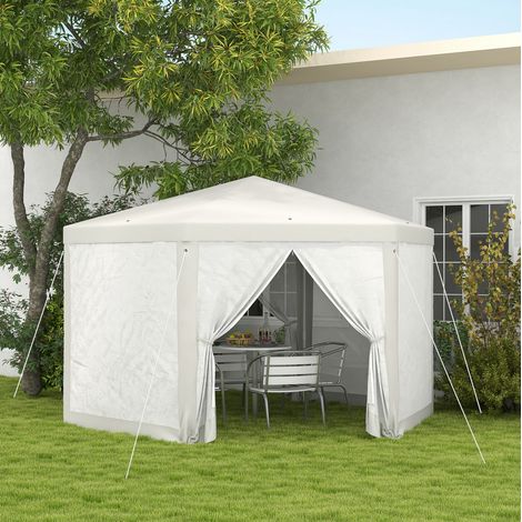 Pabellón de jardín hexagonal (394x341.2x250 cm), con cortinas de malla, techo de poliéster repelente al agua, metal, blanco crema (1/5)