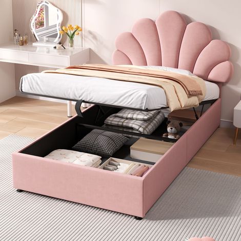 3ft Single Upholstered Hydraulic Bed with Adjustable Chic Petal Headboard, Soft Velvet Bed Frame with Hydraulic Storage, Petal Bed with Solid Wood Slat, No Box Spring Needed, Pink (No Mattress)