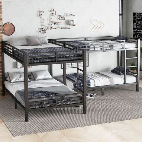 Lit superposé en métal noir, échelle à 3 marches, sommier robuste, configuration multi-lits, tailles 90x200cm et 140x200cm, cadre en fer durable. (1/5)