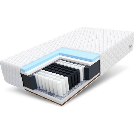 Matratze 100x200 Taschenfederkern LAVAL MAX 7 Zonen H2 H4 26 cm Kokos HR Schaum Klimafaser Polyurethanschaum JERSEY