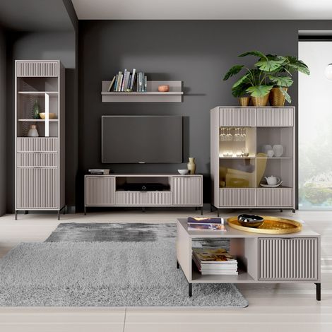 Wohnwand Kaschmir beige LAURO-161 modern mit Rillenoptik 5-teilig (1/5)