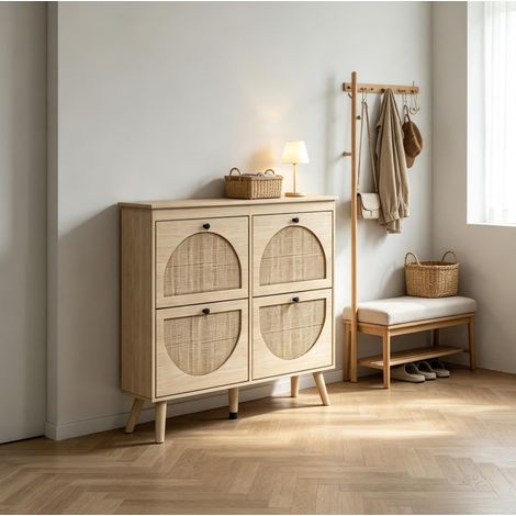 Zapatero compacto (105x24x97.5 cm), con 4 cajones abatibles, para 20 pares, efecto ratán, tablero de partículas y ratán, madera natural (1/5)