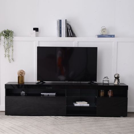 Meuble de salon TV contemporain noir 180 cm, avec panneau clair et éclairage LED réglable, pour séjour et salle à manger (1/4)