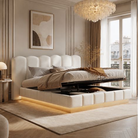 Letto contenitore 180x200 cm con sistema idraulico e illuminazione a LED, testiera imbottita, tessuto bouclé bianco. (1/5)