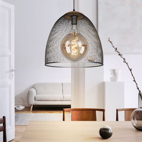 Pendellampe Hängelampe Wohnzimmerlampe silber 1 flammig Höhenverstellbar Gitterschirm, Metall Holz, 1x E27 Fassung, DxH 40x150 cm