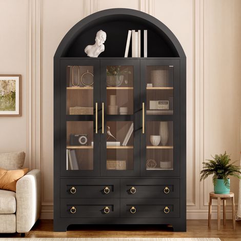 Credenza alta mobile soggiorno 110x40x185 cm con 3 ante in vetro 4 cassetti vano ad arco aperto stile moderno mdf nero (1/5)